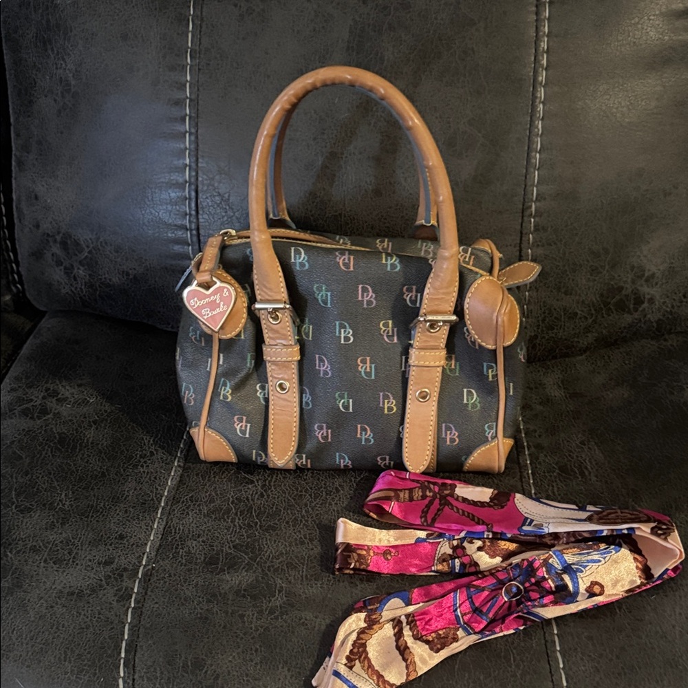 Dooney & Bourke Multicolor Rainbow Monogram Satchel Handbag Purse Handle Scarves